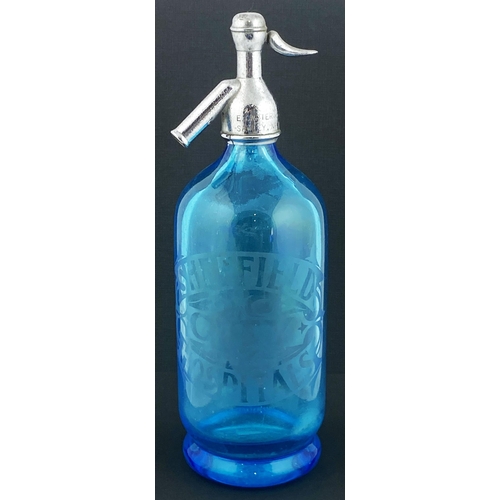 131 - SHEFFIELD HOSPITAL SODA SYPHON. 11.8ins tall., shiny (worn) top light blue footed. Acid etched boldl... 