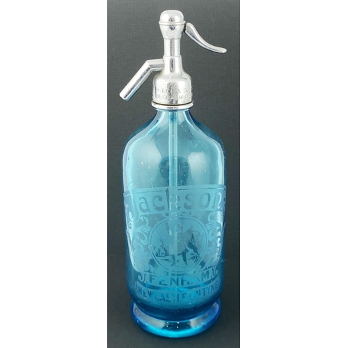 137 - NEWCASTLE SODA SYPHON. 11.9ins tall, shiny (slight wear) top, light blue, footed. Acid etched boldly... 