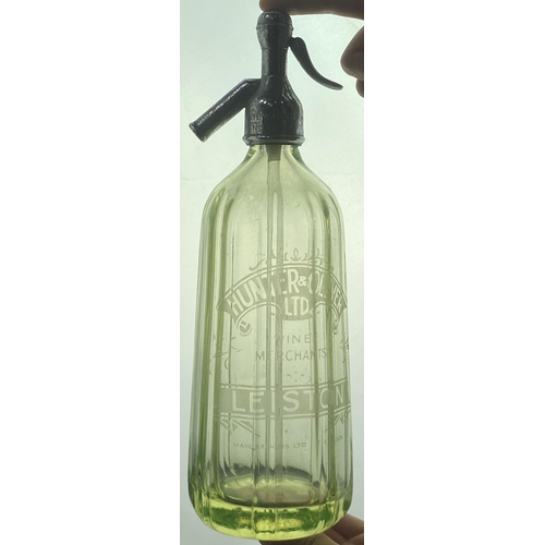 138 - SUFFOLK SODA SYPHON. 12.8ins tall, shiny (worn) top, pale green, vertical body ribs. Acid etched let... 
