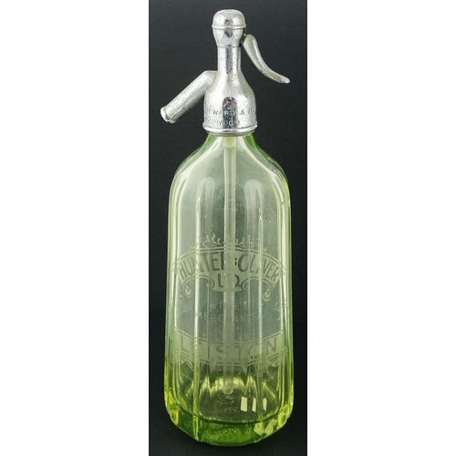 138 - SUFFOLK SODA SYPHON. 12.8ins tall, shiny (worn) top, pale green, vertical body ribs. Acid etched let... 