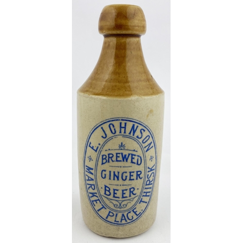 155 - THIRSK GINGER BEER BOTTLE. 7.1ins tall, std, t.t., bright blue transfer E JOHNSON/ MARKET PLACE. Som... 