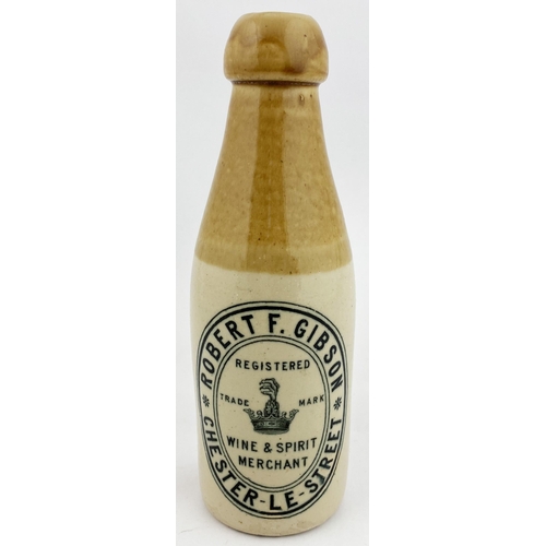 160 - CHESTER LE STREET GINGER BEER BOTTLE. 7.9ins tall, ch., t.t., cork closure, Buchan p.m. ROBERT F GIB... 