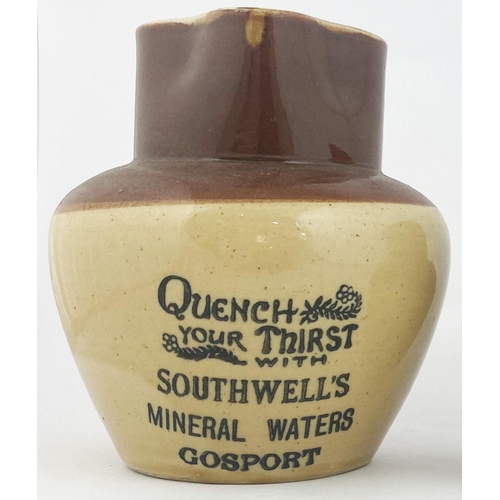 167 - GOSPORT MINERAL WATERS ADVERTISING JUG. 6ins tall, bulbous bodied jug, lower cream colour, top area ... 