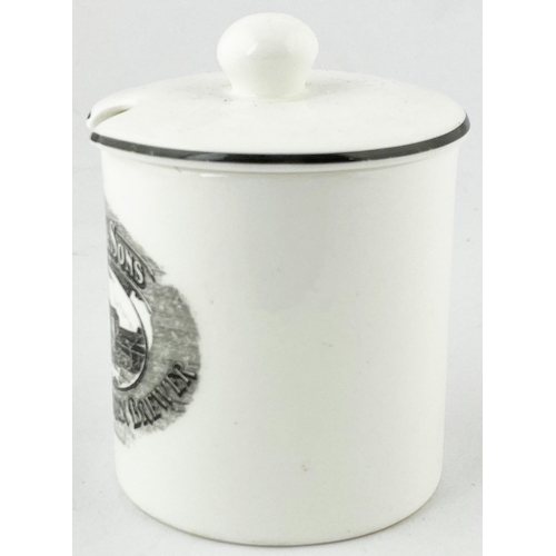 172 - ESSEX BREWERY MUSTARD POT. 3.4ins tall. White ceramic lidded pot, large front transfer for T D Ridle... 