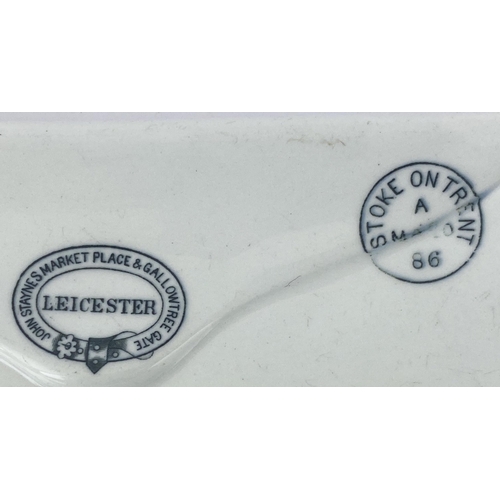 174 - LEICESTER ADVERTISING CHANGE DISH. 6.1 x 3.8ins. Shallow white envelope shaped glazed dish. Buckled ... 