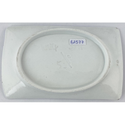 174 - LEICESTER ADVERTISING CHANGE DISH. 6.1 x 3.8ins. Shallow white envelope shaped glazed dish. Buckled ... 