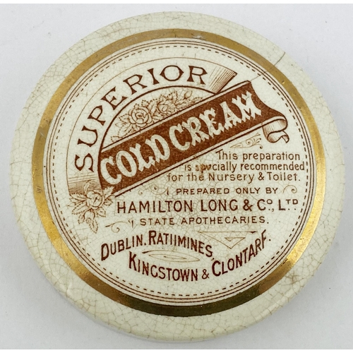 180 - DUBLIN COLD CREAM POT LID 3.2ins diam. Brown transfer, outer gold band. SUPERIOR... HAMILTON LONG & ... 