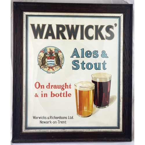 9 - NEWARK ON TRENT WARWICKS ALES $ STOUT FRAMED SHOWCARD. Wooden frame 28.3 x 24.5ins. Multicoloured im... 