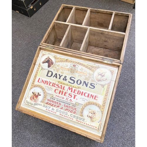 27 - DAY & SONS UNIVERSAL MEDICINE CHEST. Lid top 21x 16.6ins, 12.7ins tall. Wooden box (seven inner comp... 