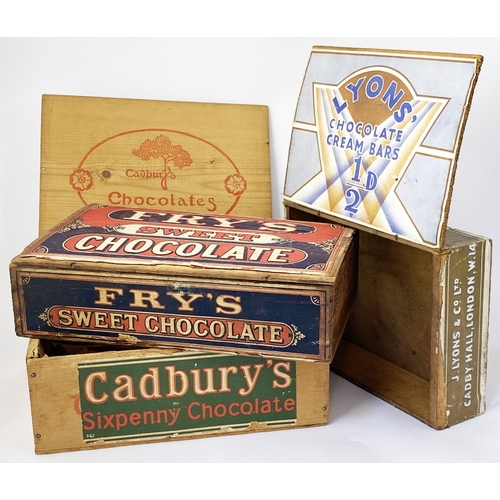 33 - WOODEN CHOCOLATE DISPLAY BOXES TRIO. Largest 10.25 x 6.5ins. Frys, Cadbury & Lyons. All with paper l... 