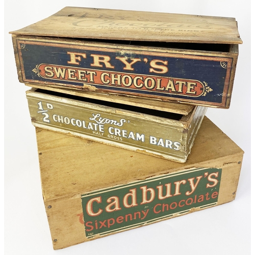 33 - WOODEN CHOCOLATE DISPLAY BOXES TRIO. Largest 10.25 x 6.5ins. Frys, Cadbury & Lyons. All with paper l... 