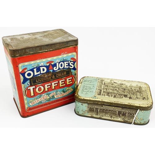 41 - TOFFEE TIN DUO. Largest 6.5 x 6ins. Old Joes with paper label inside & Maynards with building pict t... 