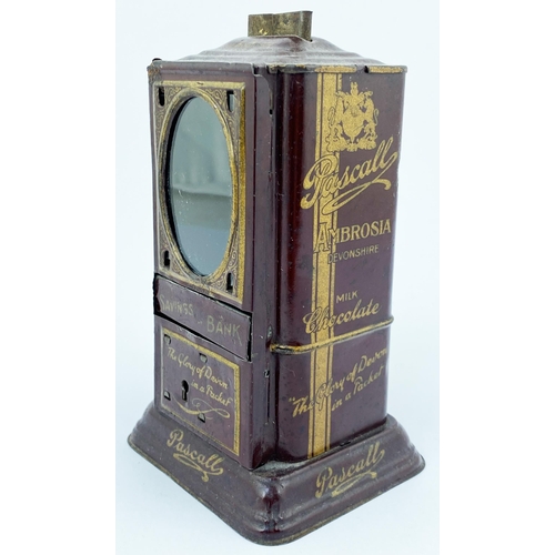 43 - PASCALLS AMBROSIA MILK CHOCOLATE TIN. 6ins tall. In the form of a savings bank with front opening do... 