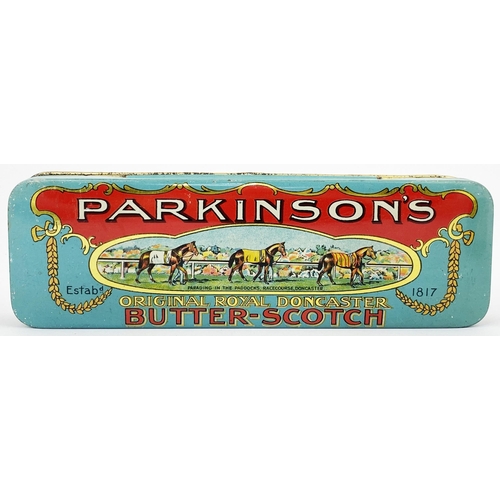 44 - DONCASTER PARKINSONS TINS TRIO. Largest 7.5 x 2.75ins. Butter scotch & Toffee. Great pictorials. Som... 