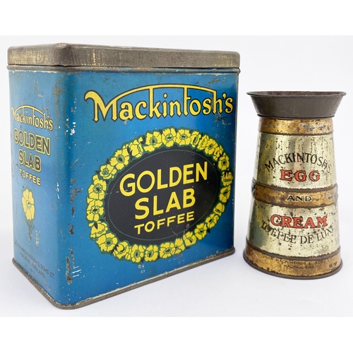 46 - MACKINTOSHS TOFFEE TINS DUO. 6 x 6ins. Golden Slab toffee & churn shaped Egg & Cream toffee. Surface... 