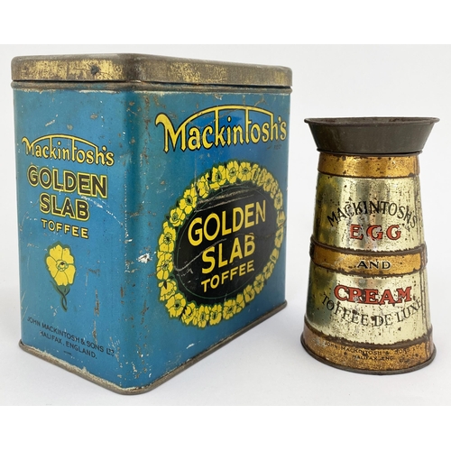 46 - MACKINTOSHS TOFFEE TINS DUO. 6 x 6ins. Golden Slab toffee & churn shaped Egg & Cream toffee. Surface... 