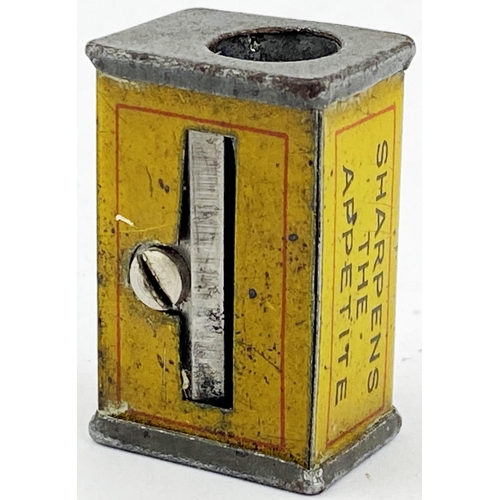 49 - COLMANS MUSTARD ADVERTISING PENCIL SHARPENER. 0.6 x 1ins. Advertising to three sides. SHARPENS/ THE/... 