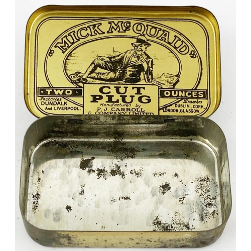 50 - MICK MC QUAID TOBACCO TIN. 2 x 3.25ins. Great pictorial to front of man laid on grass. Surface wear.