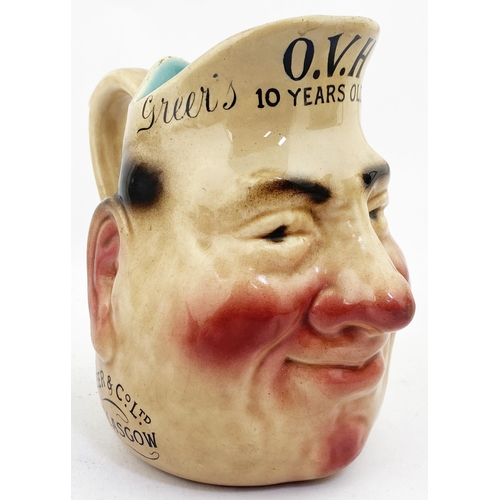 66 - GLASGOW GREER & CO OVH 10 YR OLD WHISKY SARREGUEMINES HEAD SHAPED PUB JUG. 5.9ins tall. Naturalistic... 