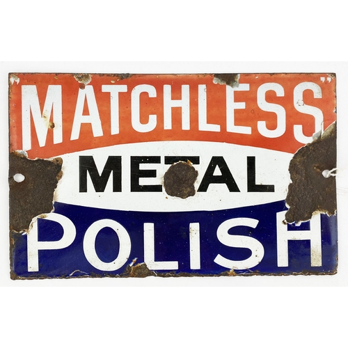 79 - MATCHLESS METALPOILISH ENAMEL SIGN. 8 x 4.9ins. Small size red, white & blue sign. Three obvious fla... 