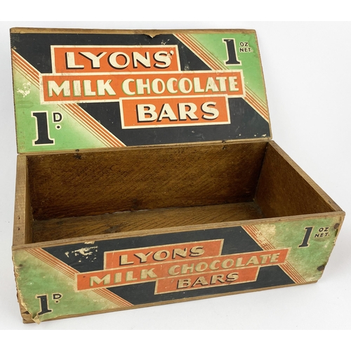 81 - LYONS MILK CHOCOLATE BARS WOODEN BOX. 11.5 x 5.5 x 3.7ins. Printed labels toinside & three outer pan... 