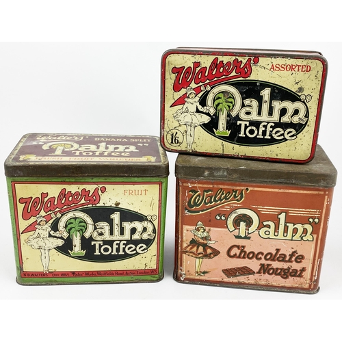 84 - WALTERS PALM TOFFEE TINS TRIO. Largest 6.2 x 4.1 x 5.5ins. Each depicts female pict t.m. Ex Johnny E... 