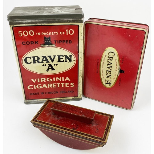 86 - CRAVEN A TINS TRIO. Tallest 9.5ins held 500 inpackets of ten, smallest doubles up as a blotter. Ex J... 