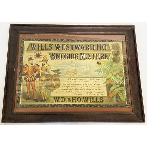 89 - WILLS WESTWARD HO SMOKING MIXTURE FRAMED SHOWCARD. Approx 18 x 23ins wooden frame, multi coloured ve... 