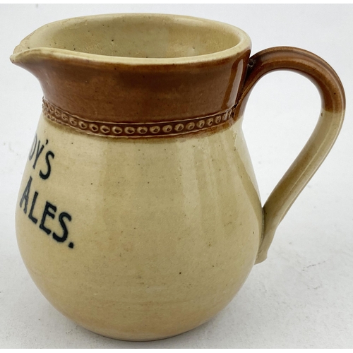 104 - HARDYS CROWN ALES WATER JUG. 3.5ins tall. T.t. stoneware small size jug. Price Bristol p.m. tucked a... 