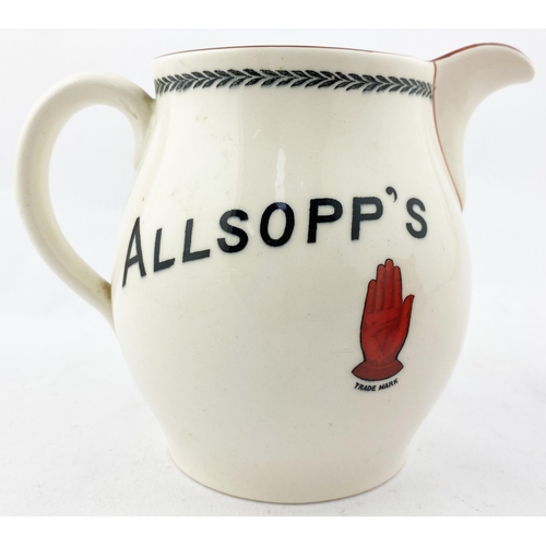 118 - ALLSOPPS BEER WATER JUG. 5.1ins tall. Attractive jug with different front & rear transfers & coat of... 