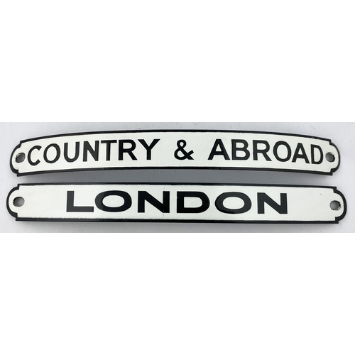 125 - COUNTRY ABROAD & LONDON SHIPPING ENAMELS. 12.3 x 1.3ins. Curved enamel duo, black letters on white g... 