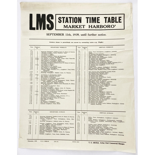 128 - MARKET HARBORO 1939 LMS TIME TABLE. 18 x 13.7ins. Original thin paper LMS time table. Some paper rus... 