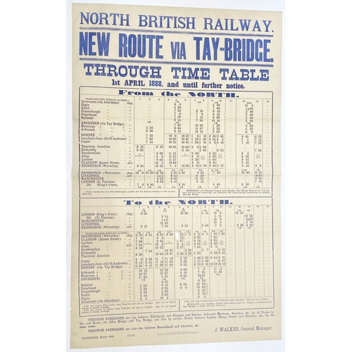 132 - NORTH BRITISH 1888 RAILWAY TIME TABLE POSTER . 40 x 25ins. Thin creamy coloured paper timetable list... 