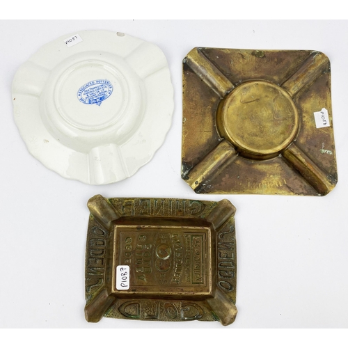 146 - ASHTRAYS TRIO. Ogdens 4.8 x 3.9ins. Brass Ogden Guinea Gold (some wear), brass Silvertown oils (very... 