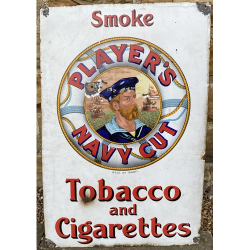 166 - PLAYERS NAVY CUT ENAMEL SIGN. 30 x 20ins. Familiar Players sailer image, boats at sea behind, within... 