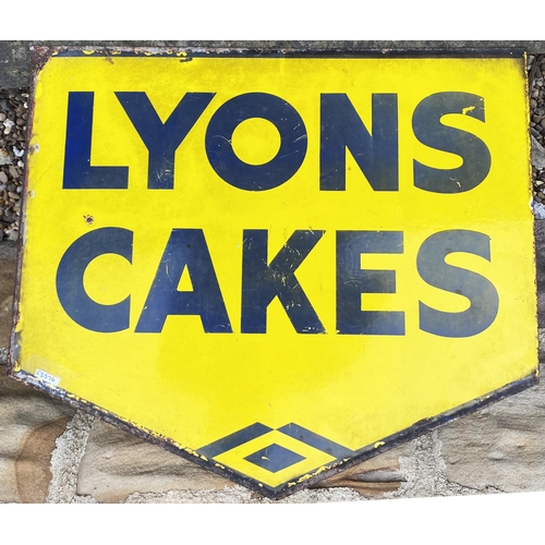 169 - LYONS CAKES DOUBLE SIDED ENAMEL SIGN. 17.5 x 15.5ins. Flange missing but this will clean up very wel... 