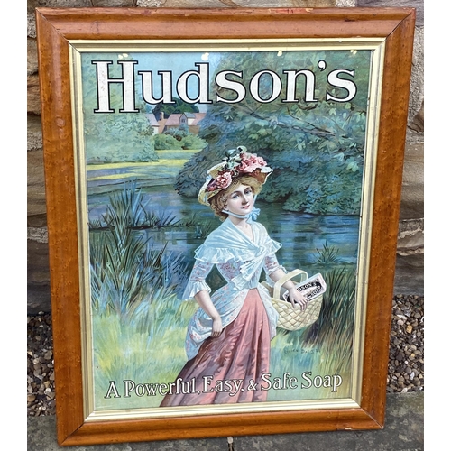 172 - HUDSONS SOAP SHOWCARD. 18.3 x 23ins. Delightful image of period dressed lady in village river side s... 