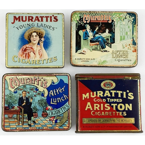 175 - MURATTIS CIGARETTES TINS GROUP. Largest 3.5 x 2.75ins. Various pictorials to front, inside print, on... 