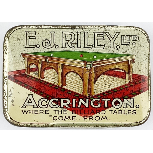 179 - ACCRINGTON TIN. 3.25 x 2.25ins. Billiard table pict to centre. Surface wear.