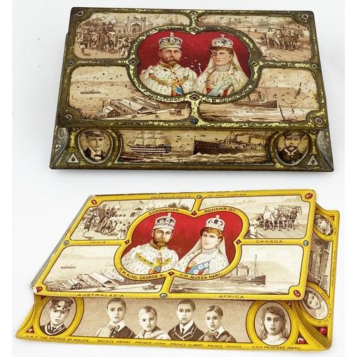 181 - ROWNTREES CORONATION SOUVENIR TIN & CARD ADVERT. 6.75 x 4.5ins. Pictorials of countries & royals to ... 