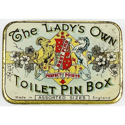 184 - THE LADYS OWN TOILET PIN BOX TIN. 2.25 x 3.25ins. Coat of arms to centre, print to inside, including... 