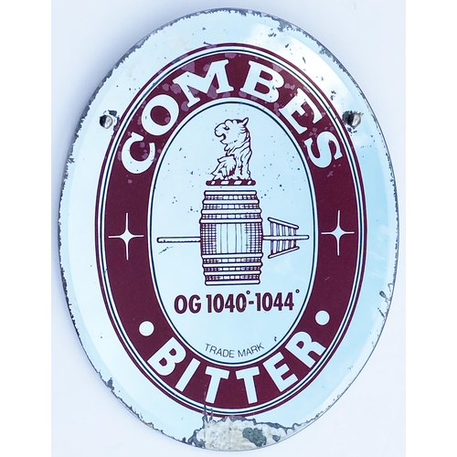 134 - COMBES BITTER MIRROR. 15.5 x 12 ins oval. Dark red print onto the glass, heavy rear hanging chain. S... 