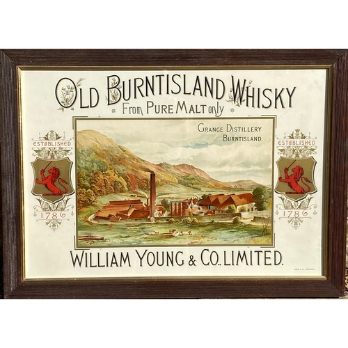 329 - WILLIAM YOUNG OLD BURNTISLAND WHISKY ADVERTISING POSTER. 37 x 27ins woooden frame. An outstandingly ... 