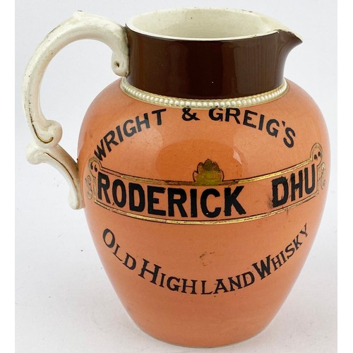 14 - RODERICK DHU WHISKY WATER JUG 5.9ins tall. Brown necked top, salmon lower, black transfer both sides... 