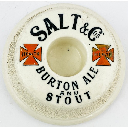 20 - SALT & CO BURTON ALE & STOUT MATCH HOLDER & STRIKER. 5ins diam. Black top transfer with red four poi... 