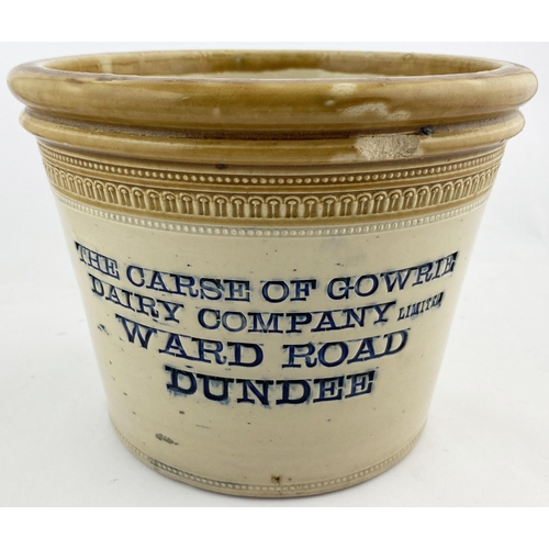 12 - DUNDEE BUTTER CROCK. 7.25ins tall. Tan rim, wheeled decoration to bottom & top edge. Blue impressed ... 