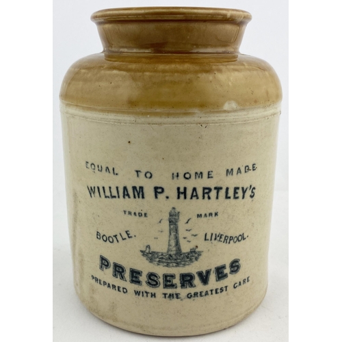 13 - BOOTLE/ LIVERPOOL PRESERVE JAR. 6.5ins tall. Tan rim, black transfer WILLIAM P HARTLEYS with lightho... 