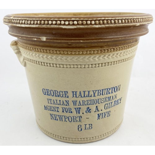 14 - NEWPORT - FIFE BUTTER CROCK. 7.25ins tall. Tan rim, wheeled decoration to bottom & top edge, two sid... 