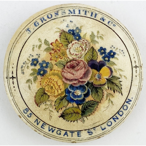 7 - J. GROSSMITH & CO POT LID. 3ins diam. Multicoloured lid, central flowers, blue band of lettering rou... 