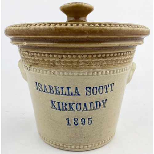 11 - KIRKCALDY BUTTER CROCK. 6.5ins to top of lid knob. Tan top, wheeled decoration, two side handles. Bl... 